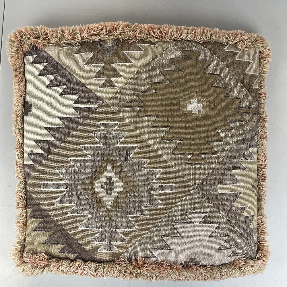 Aztec Throw Pillow Accent 19x19 Beige Brown Fringe Trim Southwest Cowboy Boho